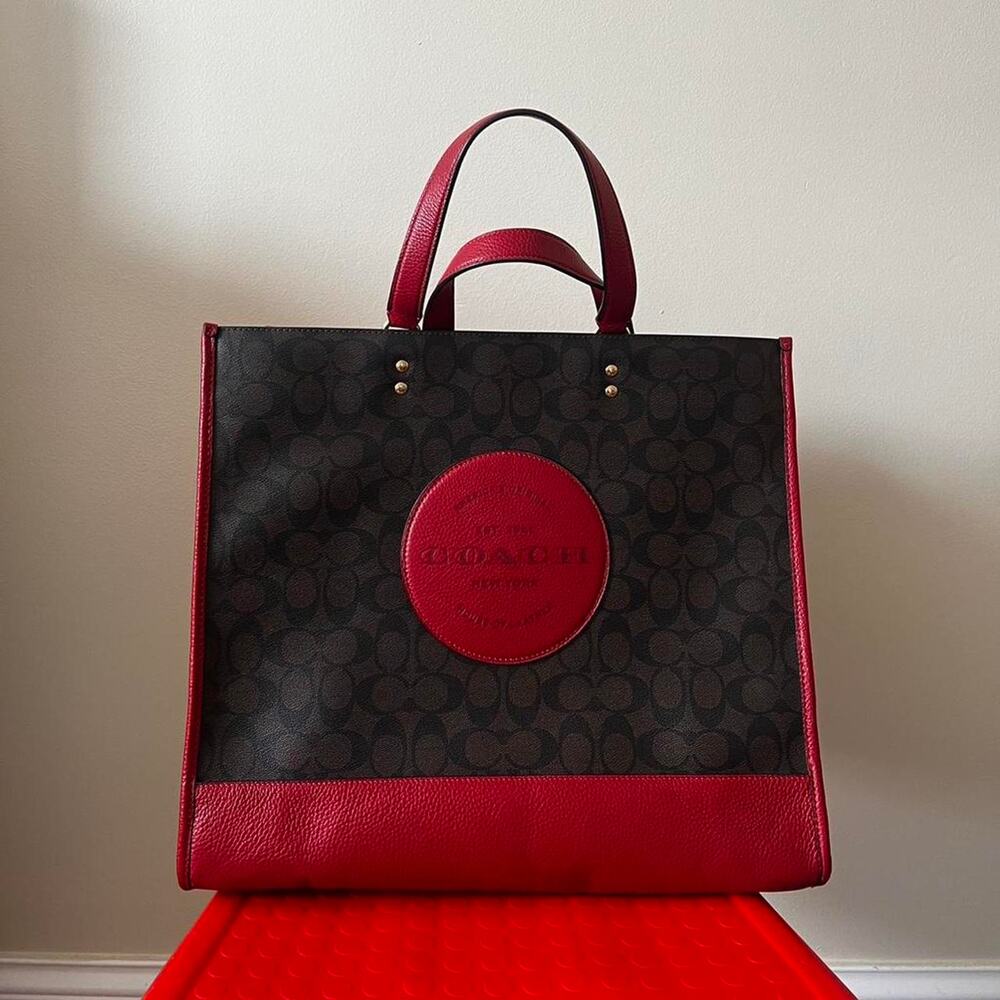 Coach Dempsey Tote 40 In Signature Jacquard With red Patch crossbody